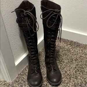 Brown Lace-Up Knee-High Boots
